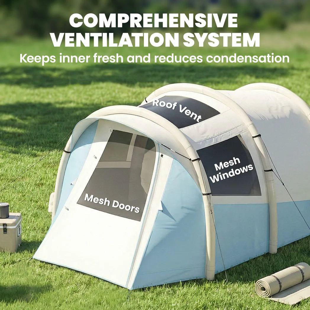 Outsunny Inflatable Camping Tent with Air Pump & 2 Rooms – Easy Setup 2–3 Person Blow Up Tent, Light Blue