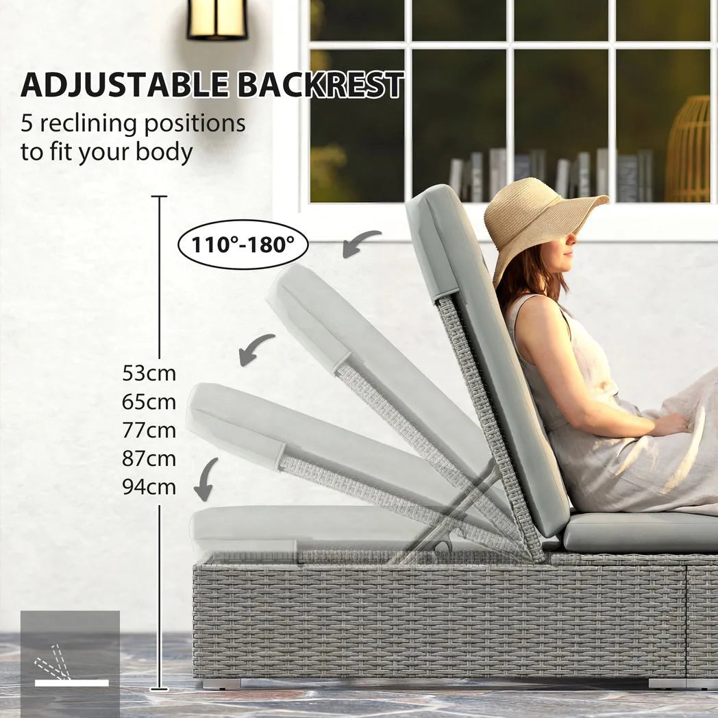 Outsunny Rattan Sun Lounger with Cushion – Five-Position Reclining Garden Lounger Bed, Light Grey