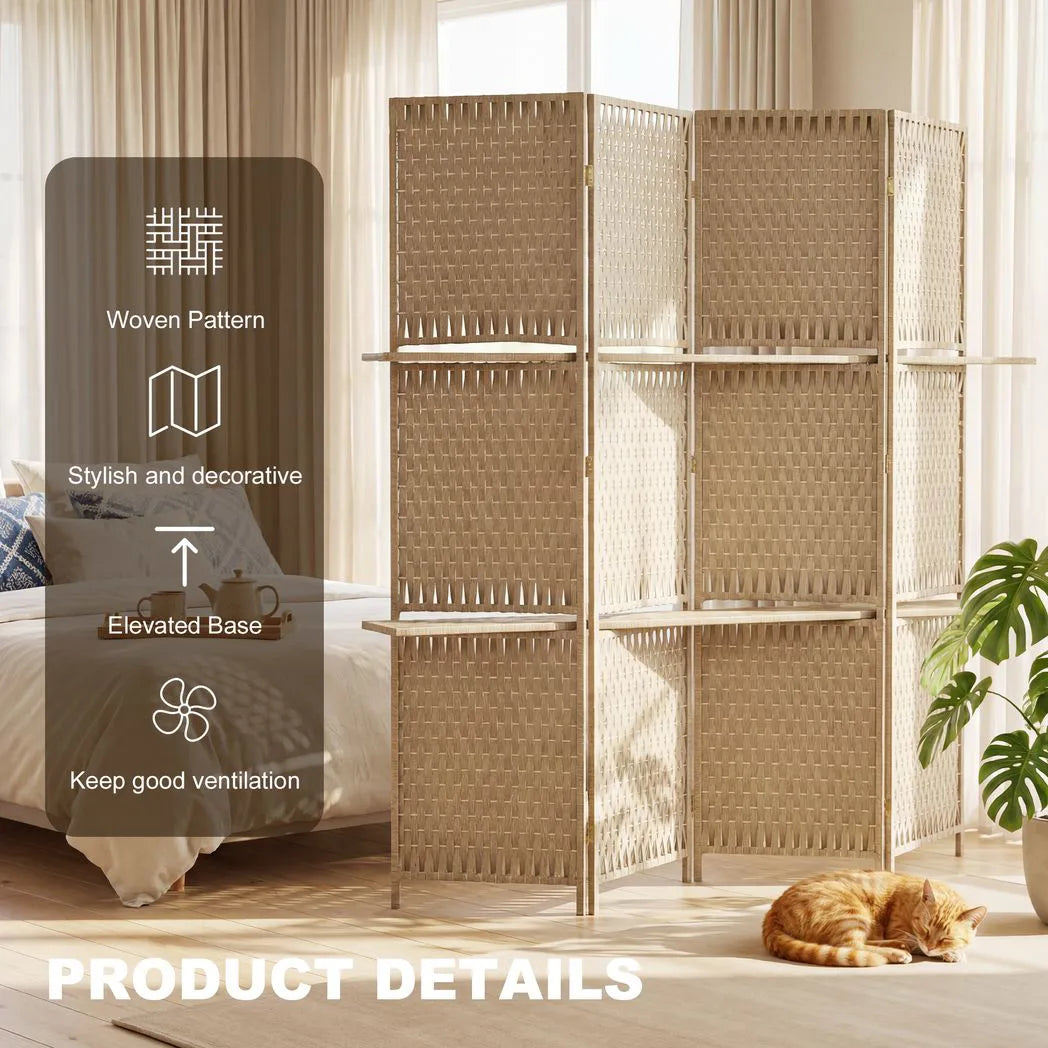 HOMCOM Wave Fibre Folding Privacy Screen with Two Shelves – Freestanding 4 Panel Room Divider, Natural Wood Finish