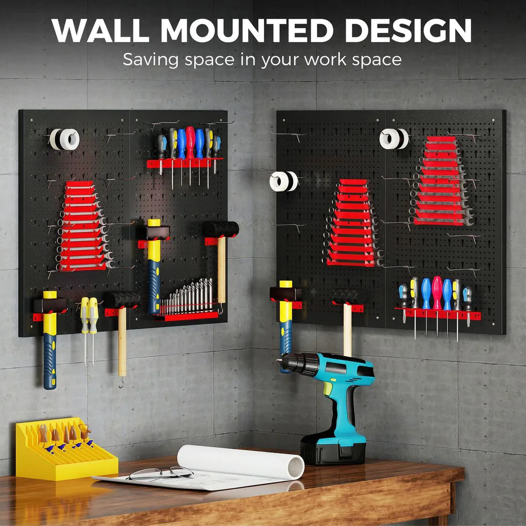 HOMCOM 38-Piece Wall-Mounted Pegboard Set with 4 Steel Boards – Garage Tool Storage Organiser, Black and Red