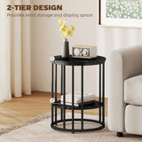 HOMCOM Set of 2 Round Marble-Effect Coffee Tables with Black Steel Legs and Bottom Shelf – Two-Tier