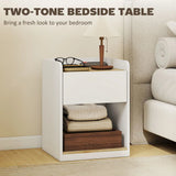 HOMCOM Slim Bedside Table with Drawer, Open Shelf and Cable Holes – Compact Nightstand, White and Oak