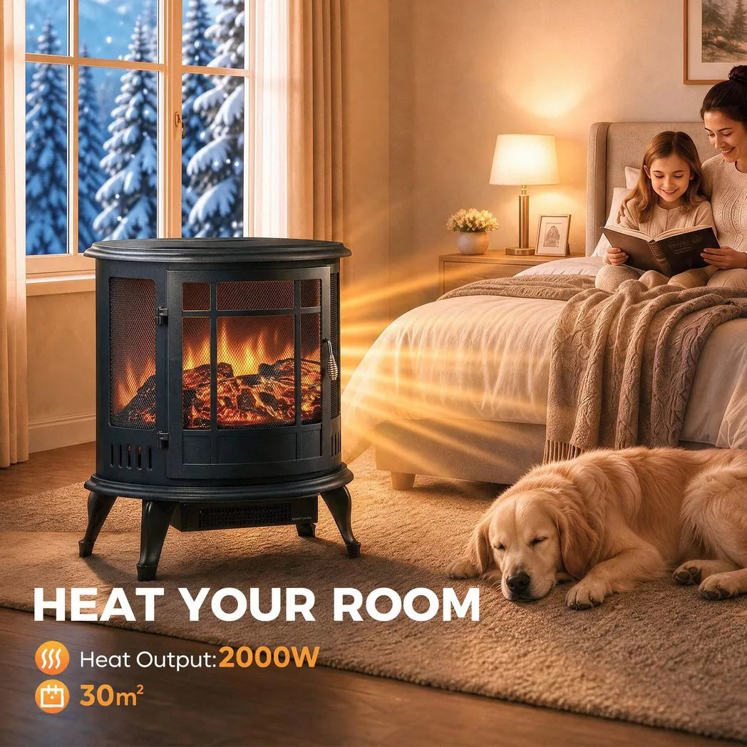 HOMCOM 2000W Electric Fireplace Stove with Realistic LED Flame – Freestanding Log Burner Heater, Black