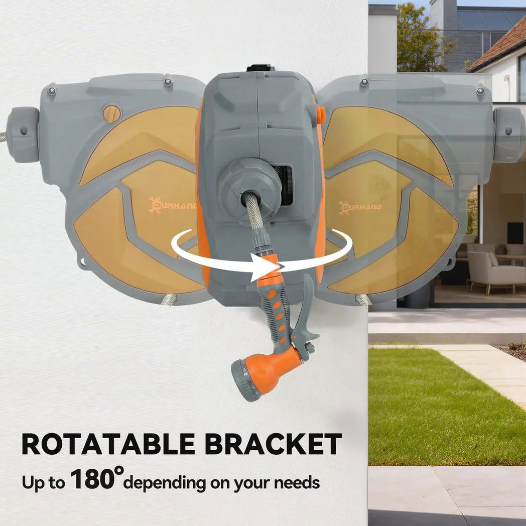 DURHAND 10m Wall-Mounted Auto-Rewind Garden Hose Reel with 7-Pattern Spray Nozzle, Orange