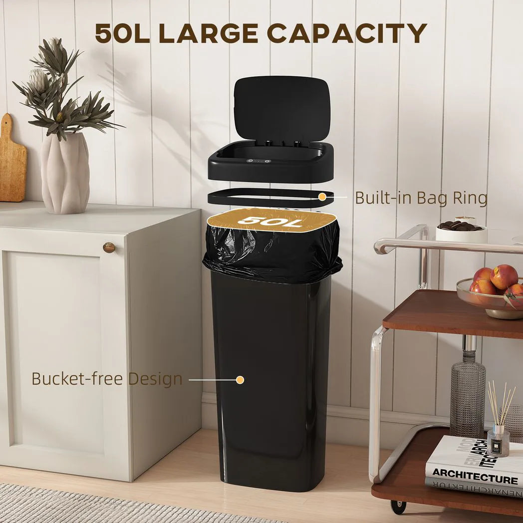 HOMCOM 50L Stainless Steel Sensor Bin with Slim Design and Bag-Fixing Ring – Touchless Kitchen Bin, Black