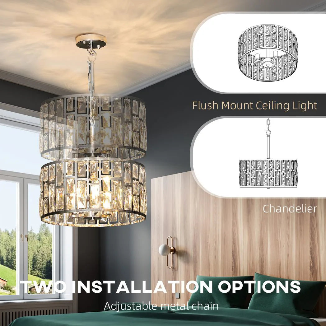 HOMCOM Crystal Chandelier with 72 Glass Pieces and 3 E14 Bulbs – Adjustable Ceiling Light, Silver-Tone