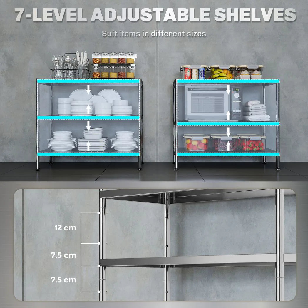 HOMCOM 3-Tier Stainless Steel Bakers Rack with Adjustable Shelves – Microwave Stand and Kitchen Storage, Silver