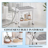 HOMCOM 2-Tier Shower Bench with Shelf, Shower Head Holder & EVA Seat Pad – Bathroom Stool, White and Grey