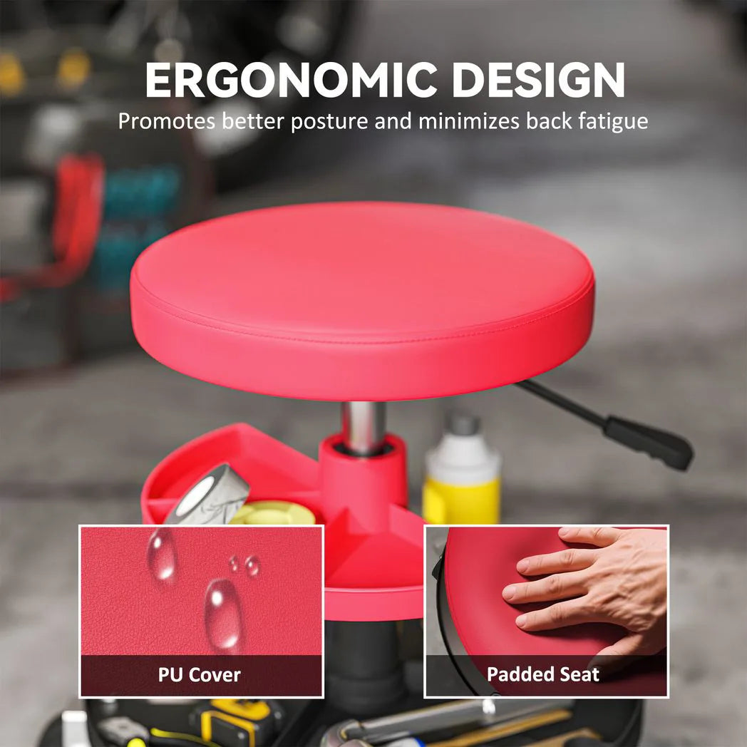 HOMCOM Rolling Mechanic Stool with 360° Swivel Wheels, Padded Seat and Tool Trays, 135kg – Garage Workshop Seat, Red