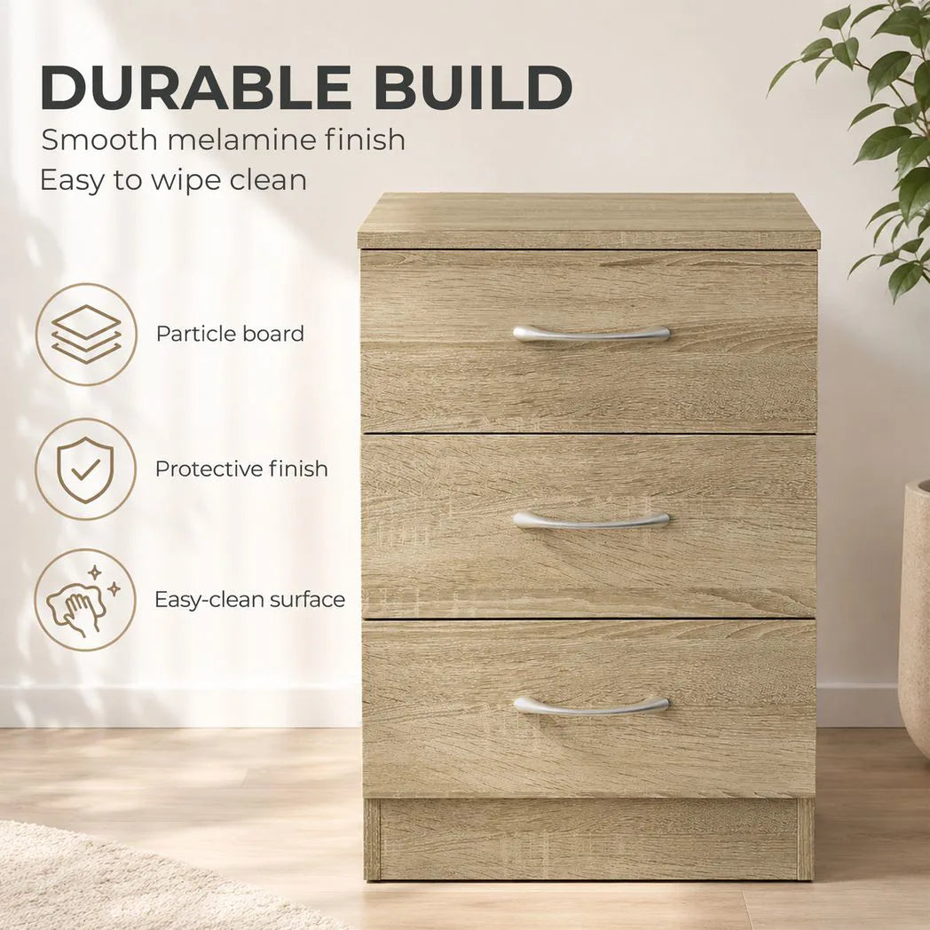 HOMCOM Three-Drawer Bedside Table with Non-Slip Feet – Simple Oak-Effect Bedroom Nightstand