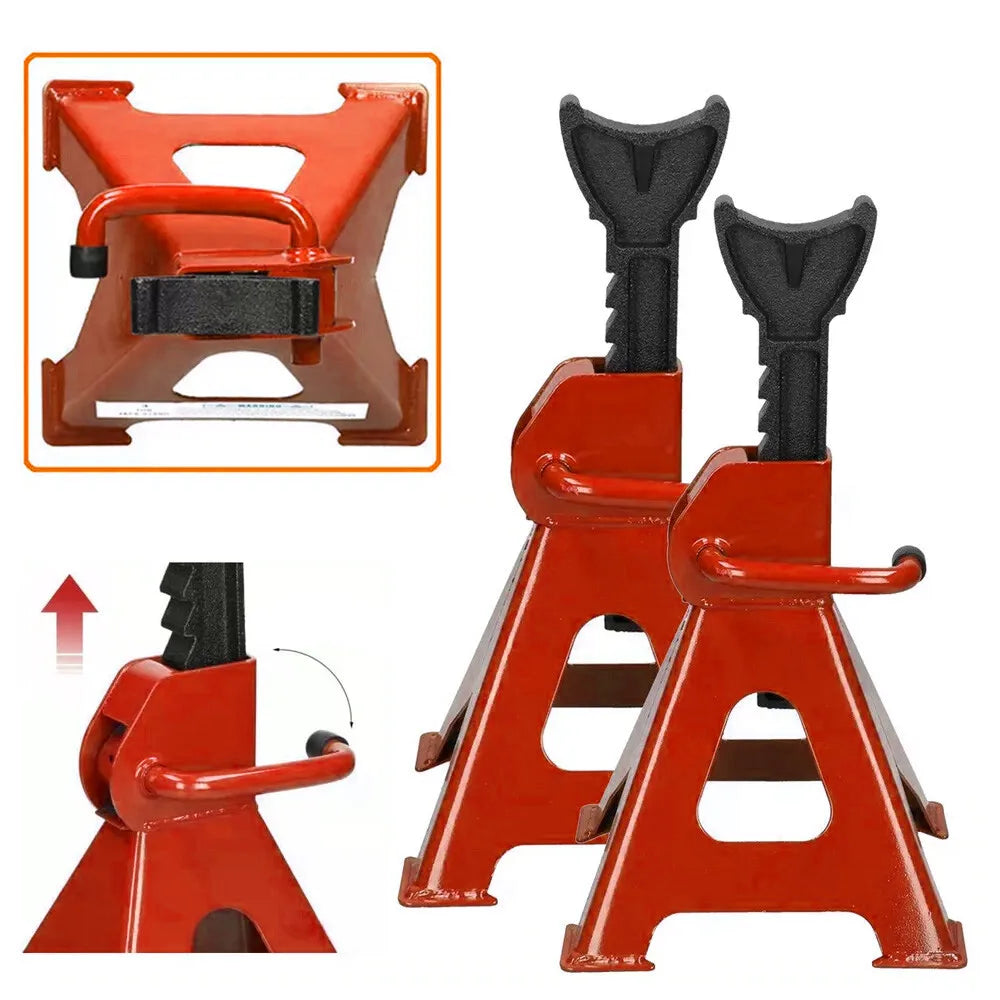 2 Piece 3 Tonne Heavy Duty Axle Stands, Ratchet Adjustable – Cast Iron Car and Caravan Support Stands, Red & Black