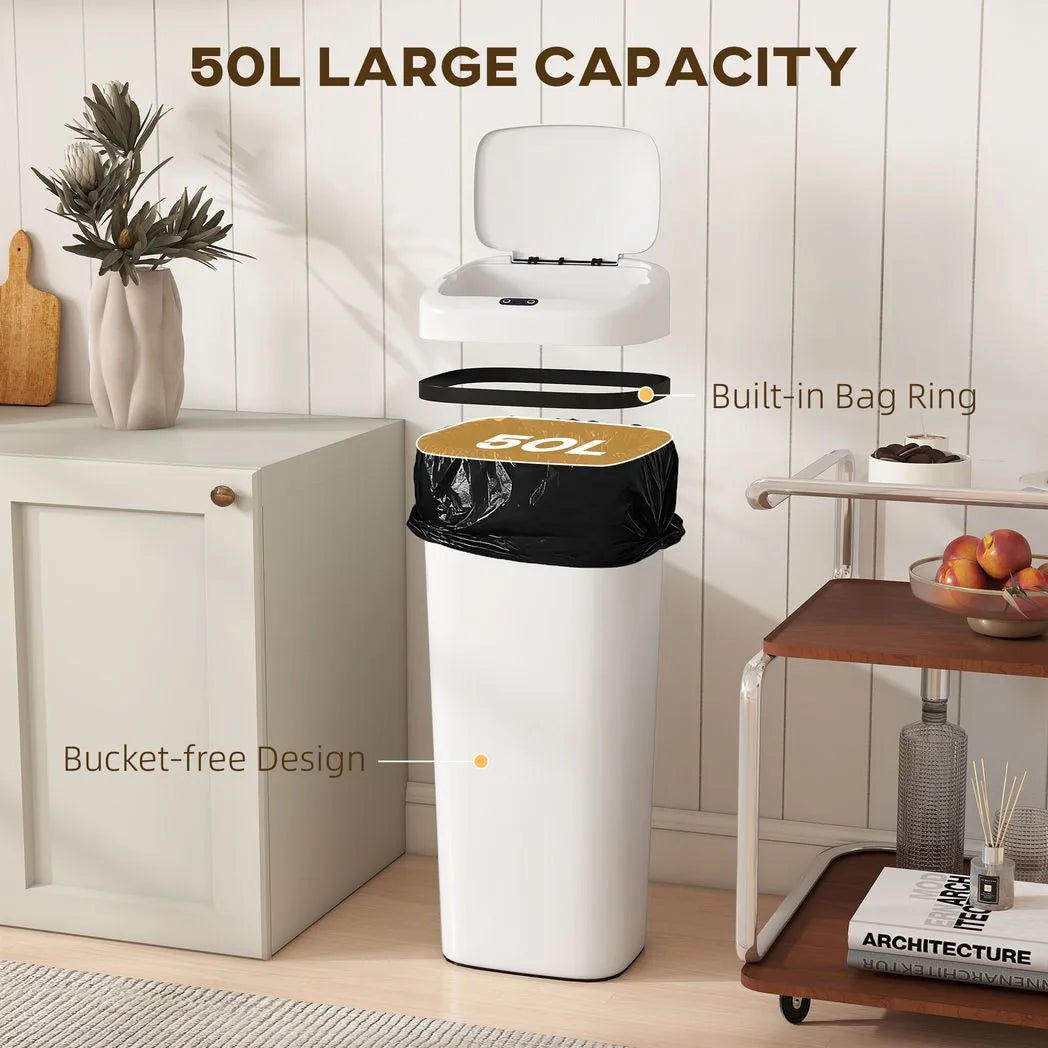 HOMCOM 50L Stainless Steel Sensor Bin with Bag-Fixing Ring – Slim Hands-Free Kitchen Waste Bin, White