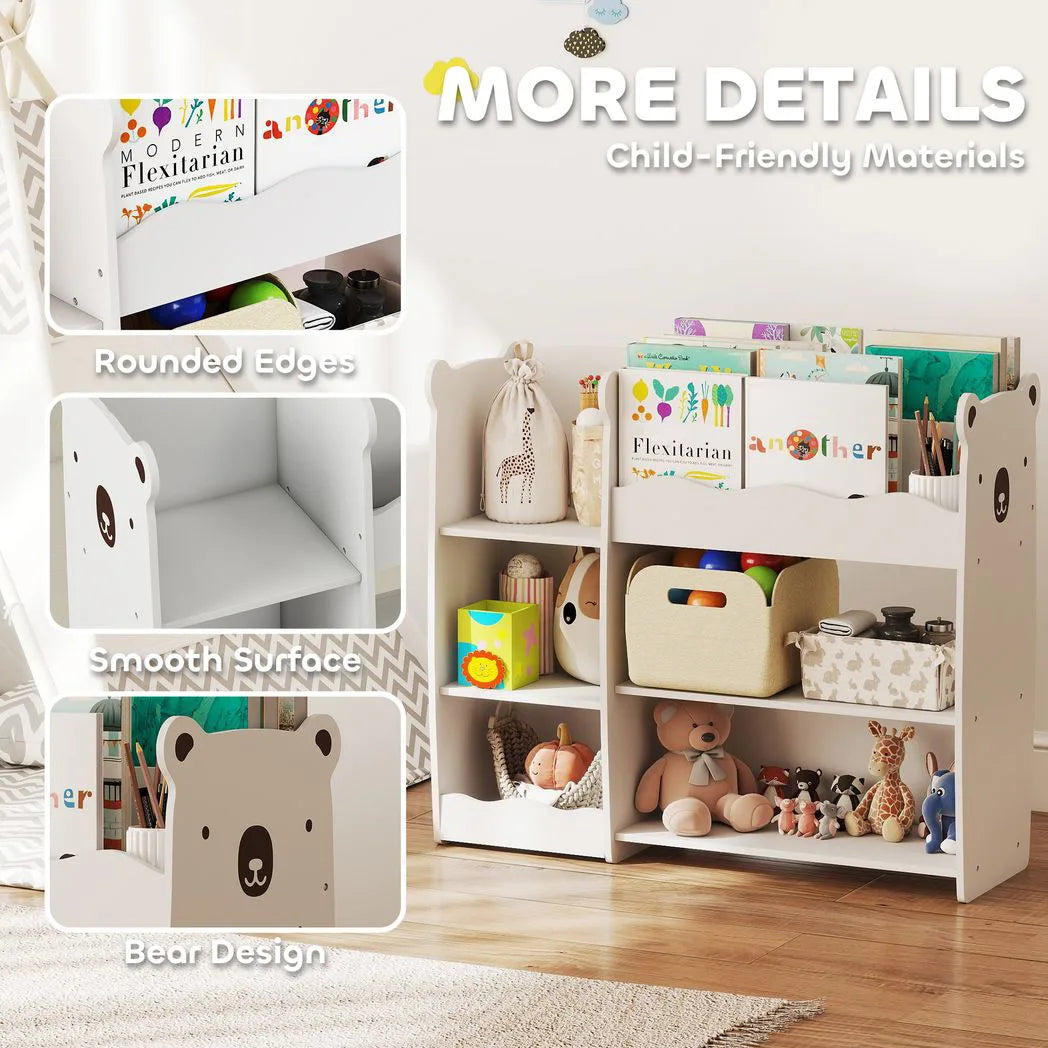 AIYAPLAY Bear Kids Toy Storage Unit with Open Bookshelf – Organiser for Bedroom, Nursery & Playroom, White