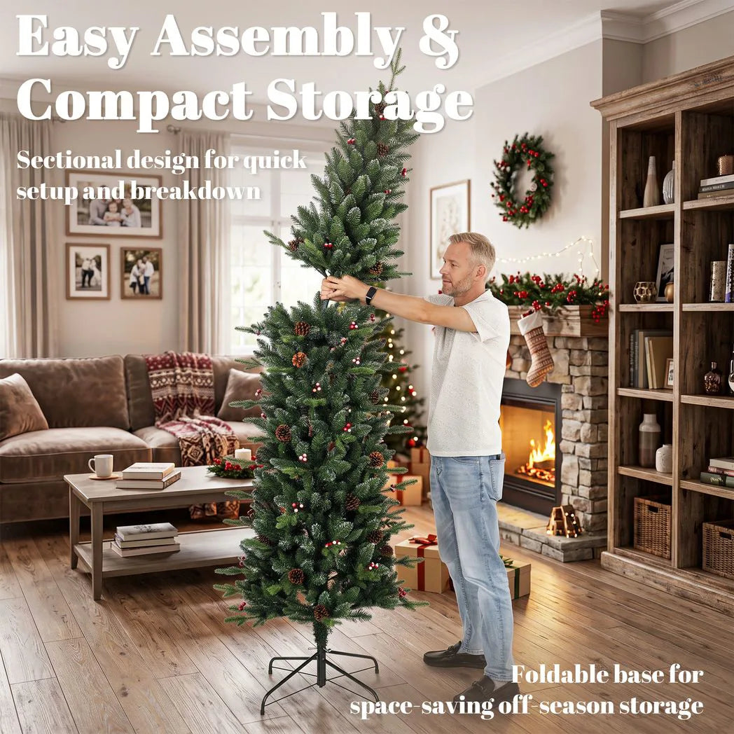 HOMCOM 7ft Slim Artificial Christmas Tree, Gracious Pine with 904 Tips, Pine Cones and Berries, Green