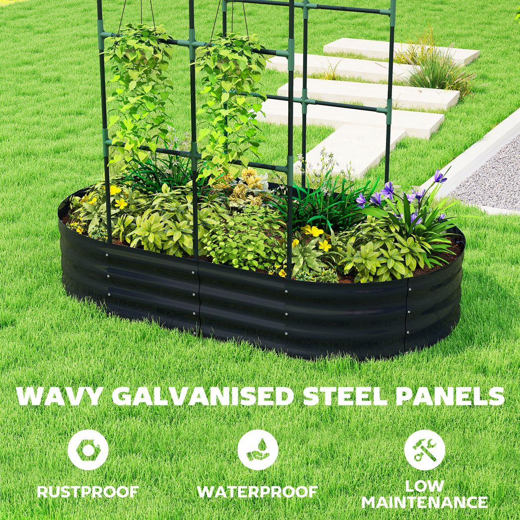 Outsunny Galvanised Metal Raised Garden Bed with Arched Trellis – 5 x 3 x 6ft, 425L, Open Bottom, Dark Grey