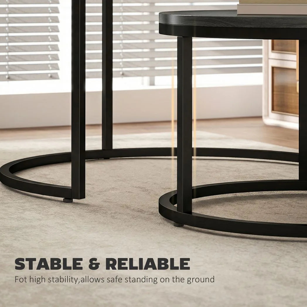HOMCOM Set of 2 Round Nesting Coffee Tables with Wood-Effect Top & Steel Frame – Stacking Side Tables, Black