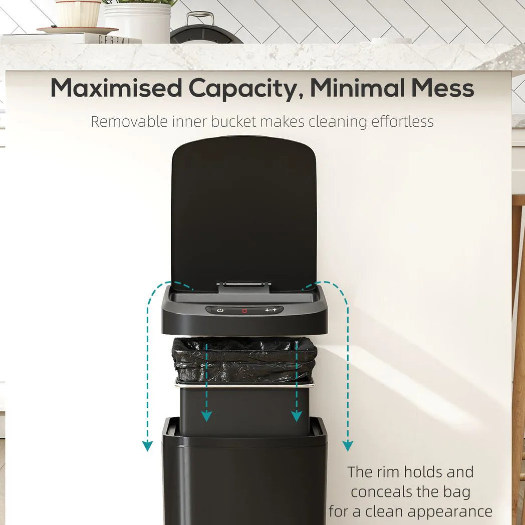 HOMCOM 12L Automatic Sensor Bin with Touchless Lid and Fingerprint-Resistant Stainless Steel – Kitchen Waste Bin, Black