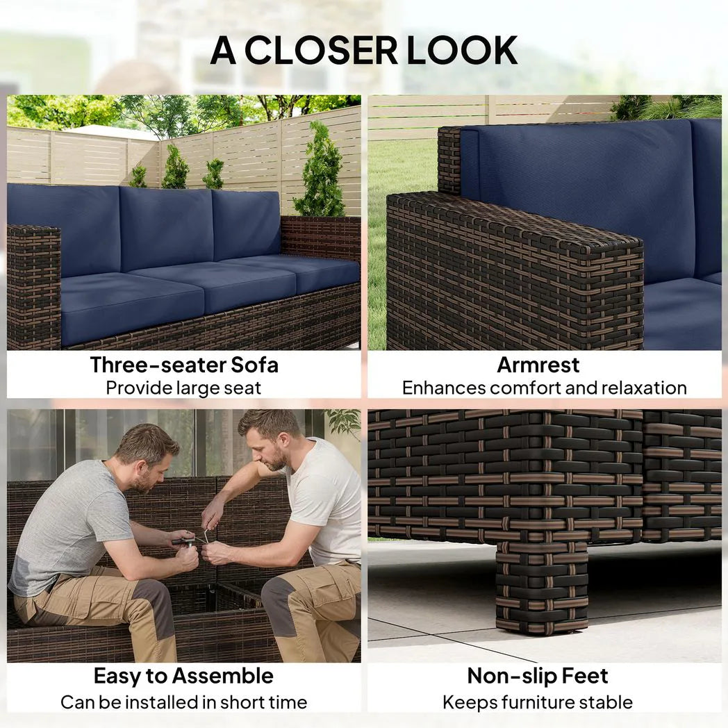 Outsunny 3-Seater Rattan Garden Sofa – Weather-Resistant Outdoor Sofa with Cushions, Dark Blue