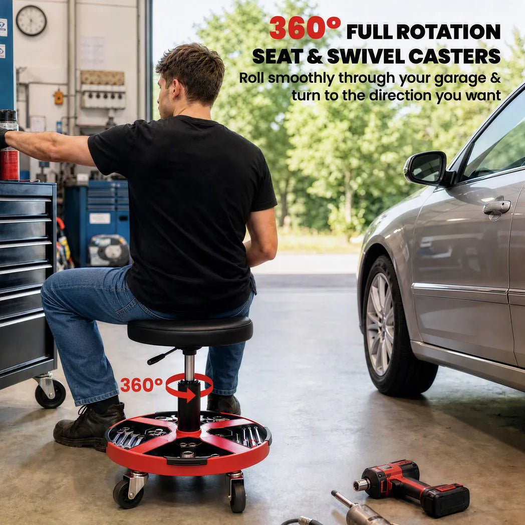 HOMCOM Rolling Mechanic Stool with Tool Tray, 40-52cm Adjustable Height, 135kg – Padded Workshop Seat, Black