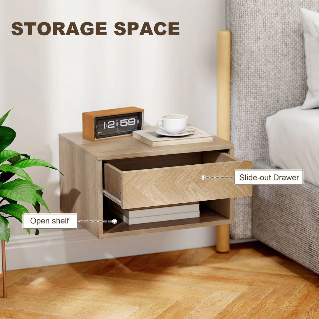 HOMCOM Set of 2 Floating Bedside Tables with Drawer and Open Shelf – Natural Wood Finish
