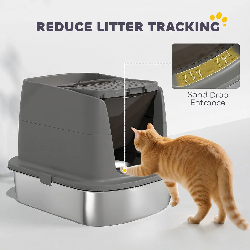 PawHut Large Stainless Steel Cat Litter Box with Lid, Scoop and Deodoriser Bag – Front Entry, Top Exit