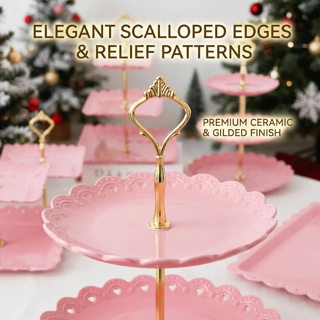 6-Piece Tiered Cake Stand Set for Afternoon Tea, Weddings & Parties – Embossed-Style Plastic Dessert Display, Pink