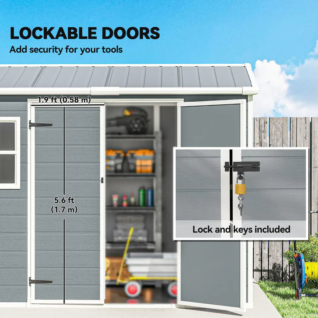 Outsunny 8 x 4 ft Plastic Garden Shed with Floor, Windows, Vents and Lockable Doors – Outdoor Storage, Light Grey