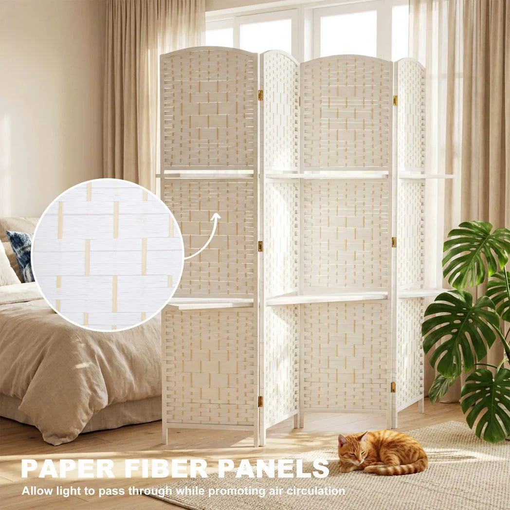 HOMCOM 4 Panel Folding Room Divider with Two Shelves & Arched Top – Freestanding Privacy Screen, 160 x 170cm, White