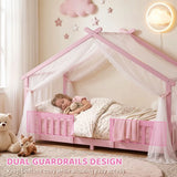 AIYAPLAY Wooden House Kids Single Bed with Dual Guardrails – Solid Pine, Pink, Fits 90 x 200 cm Mattress