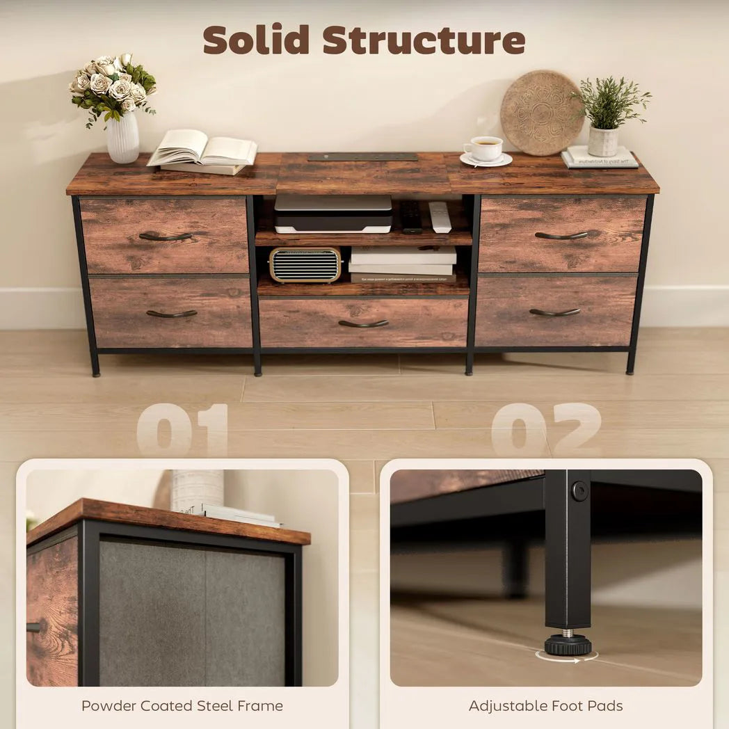 HOMCOM Industrial TV Stand with Charging Hub and 5 Fabric Drawers – Media Unit for 65 Inch TVs, Brown/Grey