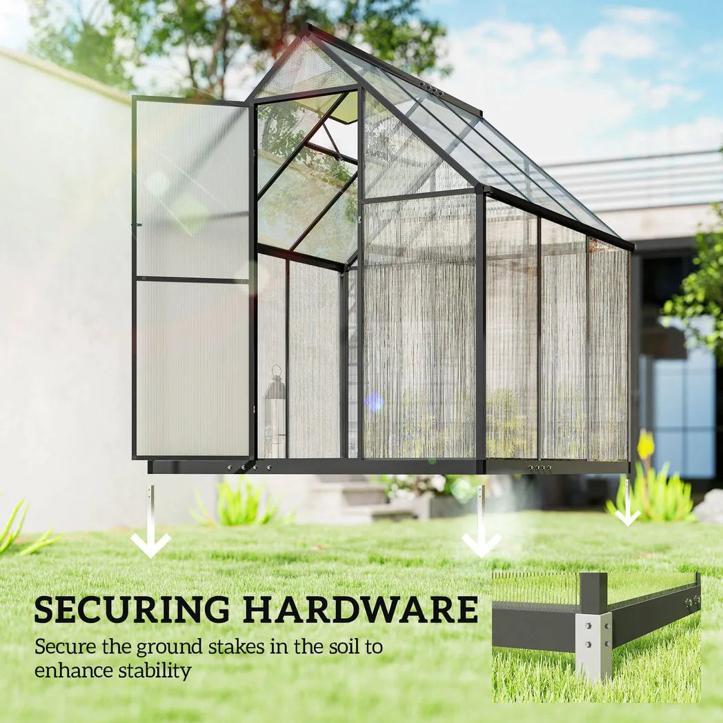 Outsunny 6 x 5.5ft Polycarbonate Greenhouse with Push Door, Roof Vent & Rain Gutter – Walk-In Garden Greenhouse, Black