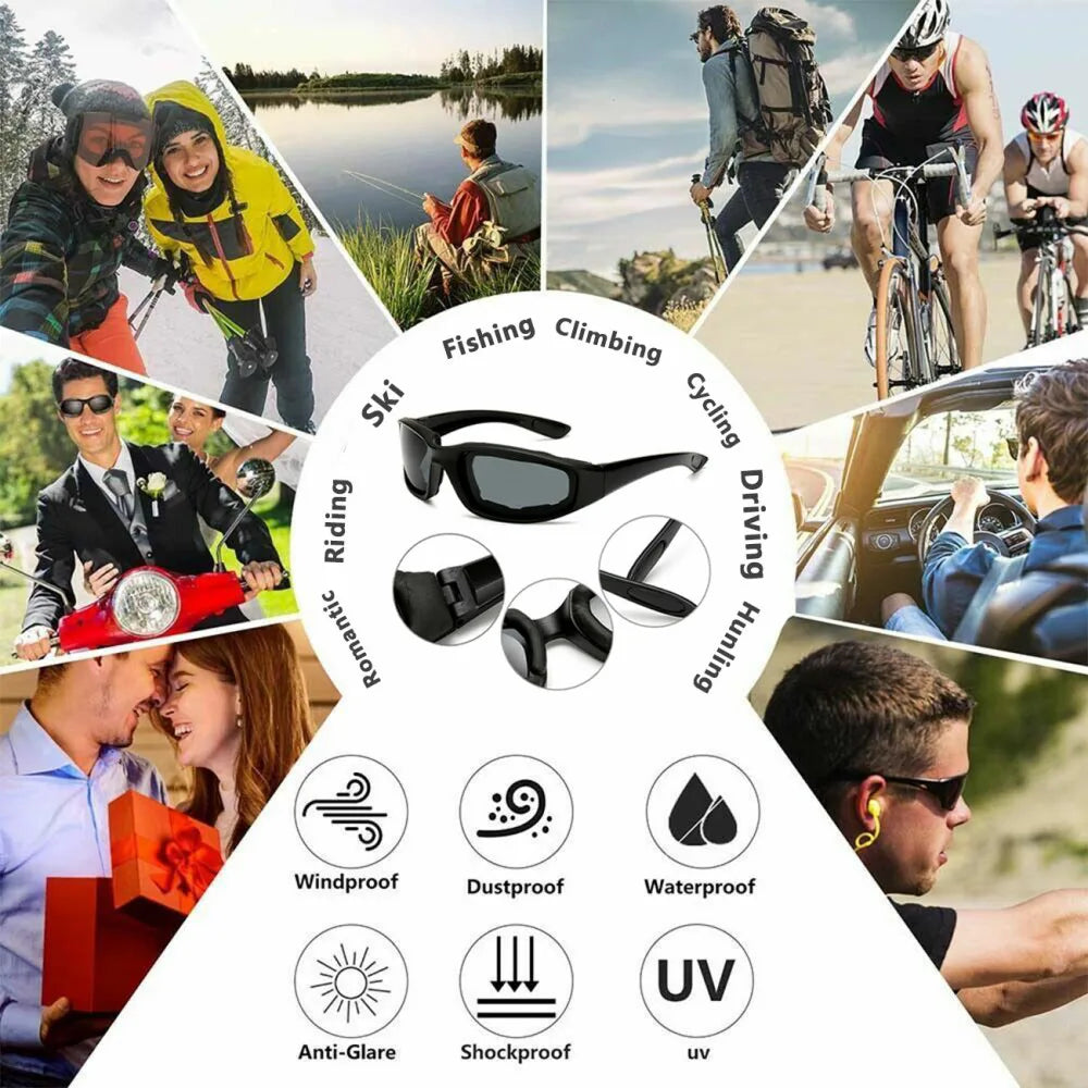 3 Pack Motorcycle Riding Glasses – Padded, Wind Resistant, UV400 Polycarbonate Lenses, Grey, Clear and Yellow