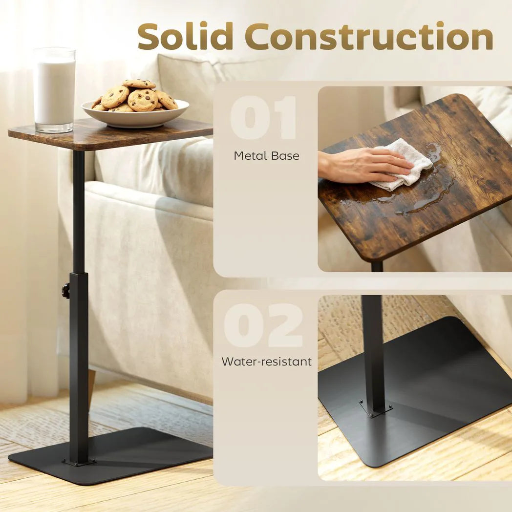 HOMCOM C Shaped Side Table with Adjustable Height 44.5–79 cm – Small End Table with Metal Base, Rustic Brown