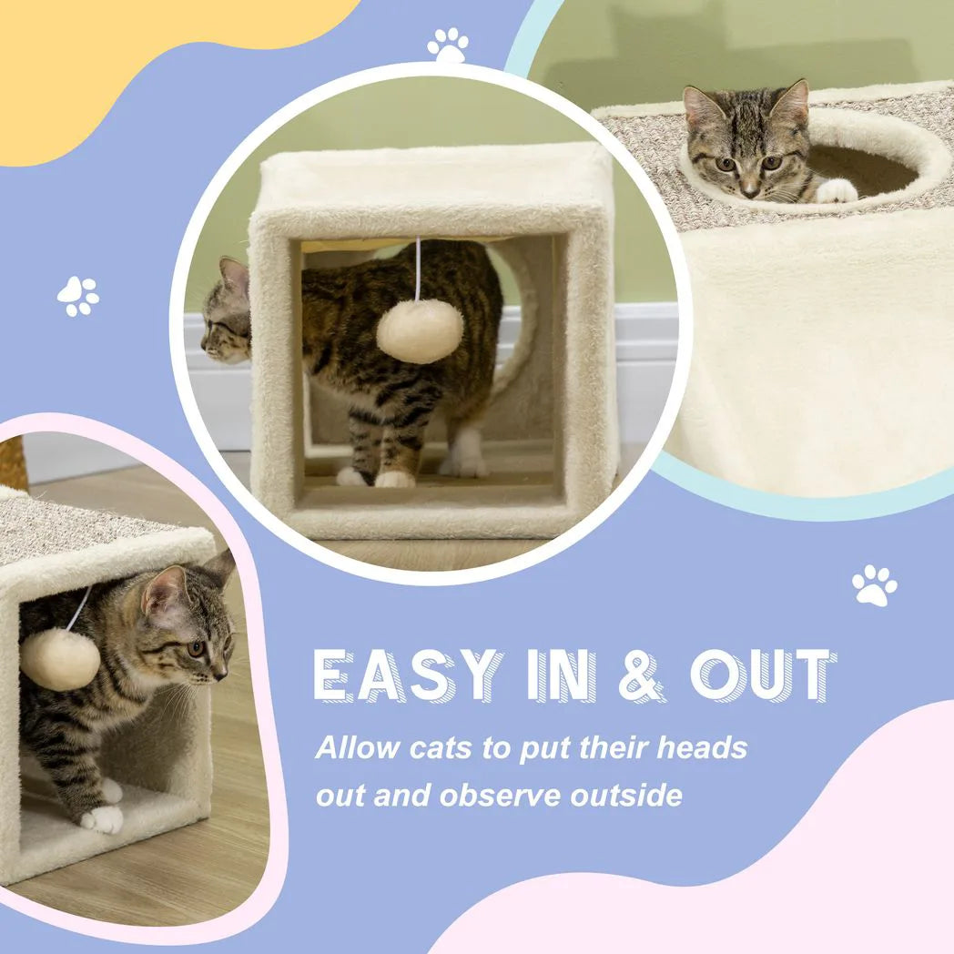 PawHut Plush Cat Tunnel with Two Caves and Hanging Ball – Large Sisal Play Tunnel for Cats, Cream White