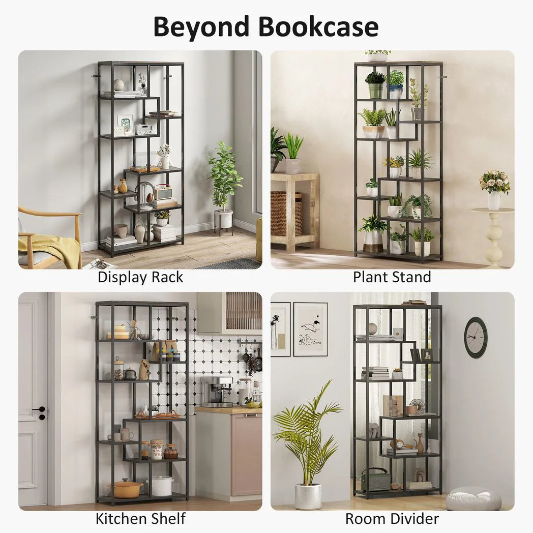 HOMCOM Seven-Tier Geometric Bookcase with Asymmetrical Open Shelves and Anti-Tipping Device – Grey and Black