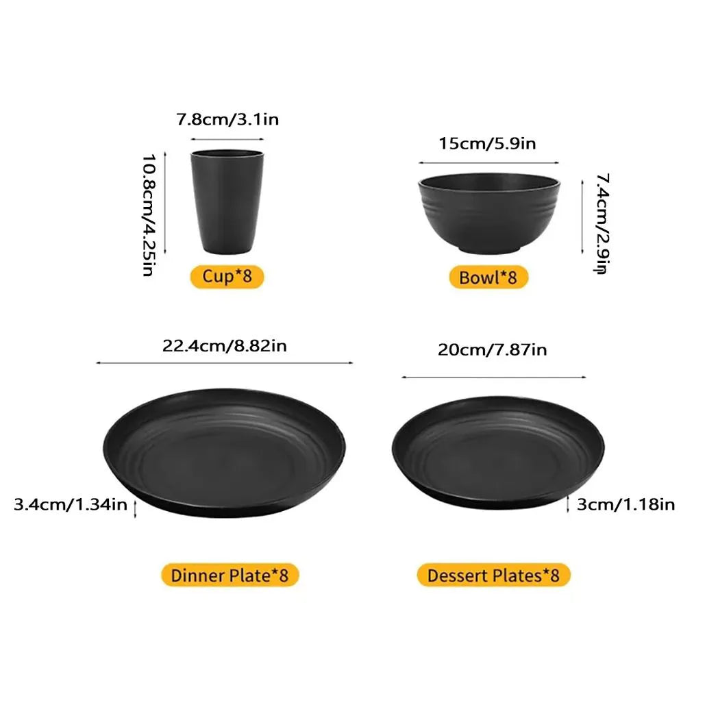 32-Piece Black Dinnerware Set – Round PP Bowls & Plates, BPA-Free Tableware for Home & Parties