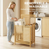 HOMCOM 64L Bamboo Laundry Basket with Lid, 2 Removable Liners – Foldable Hamper, Natural and Cream White