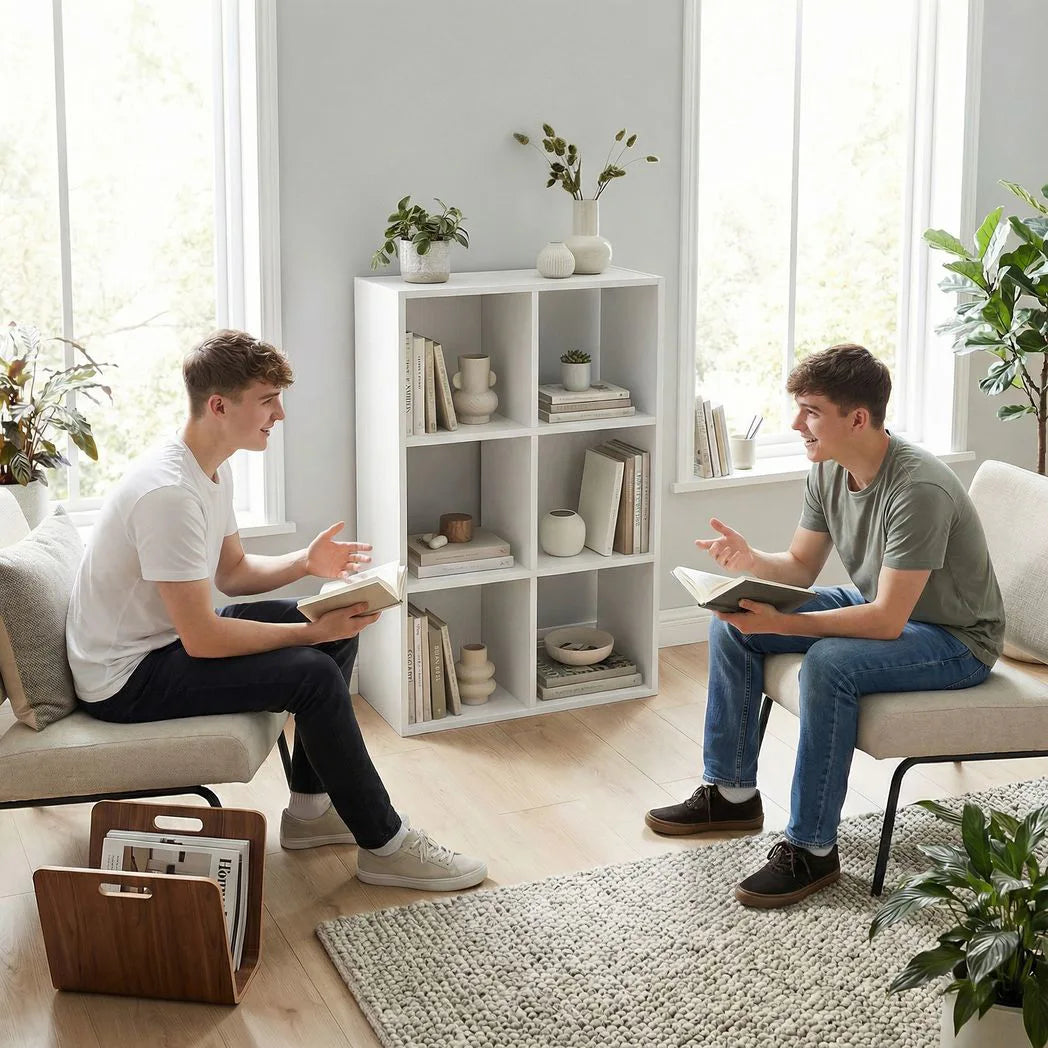 HOMCOM Industrial Style 3-Tier Storage Shelf with 6 Compartments – Bookcase for Living Room, White Wood Effect