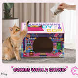 PawHut 2-in-1 Gaming-Style Cardboard Cat House with Scratching Board and Catnip – Indoor Cat Scratcher, Pink
