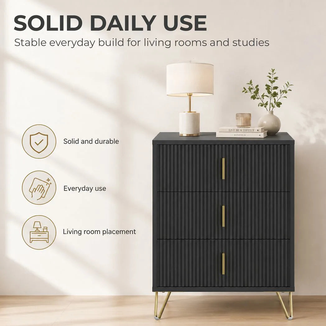 HOMCOM Modern Fluted 3 Drawer Dresser with Metal Legs and Gold-Colour Handles – Bedroom & Hallway Chest of Drawers, Black