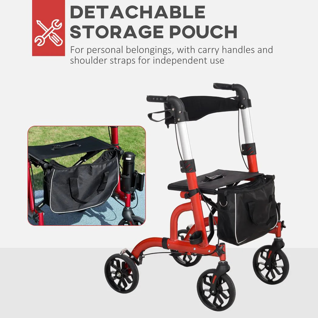 HOMCOM Folding Rollator Walker with Seat, Padded Backrest & Adjustable Handles – Lightweight Walking Frame, Red