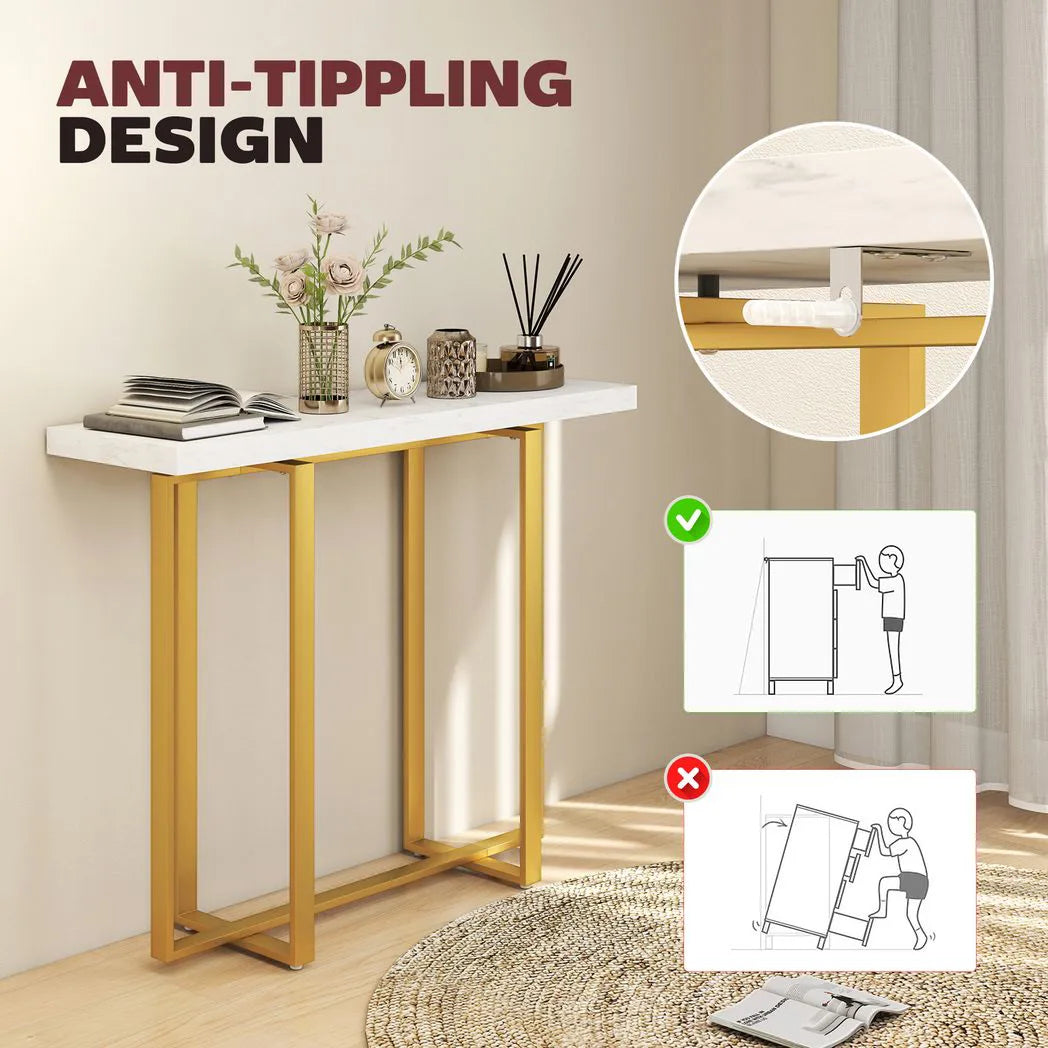 HOMCOM Faux Marble Console Table with Steel Frame – Narrow 100cm Entryway Table with Anti-Tip Device, White