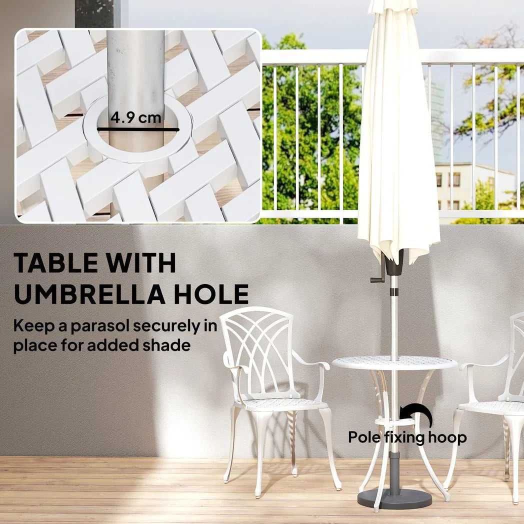 Outsunny 3 Piece Cast Aluminium Garden Bistro Set with 2 Chairs and Round Table with Parasol Hole, White