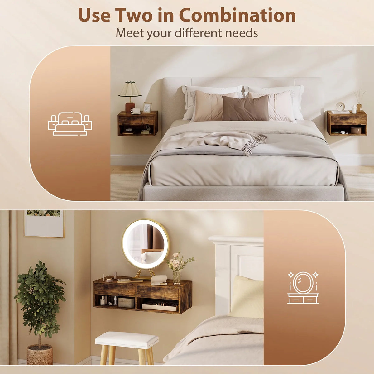 HOMCOM Set of 2 Floating Bedside Tables with Drawer and Open Shelf – Wall-Mounted Nightstands, Rustic Brown