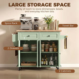 HOMCOM Rolling Kitchen Island with Rubberwood Top, Drawers & Cabinets – Dining Room Storage Trolley, Light Green