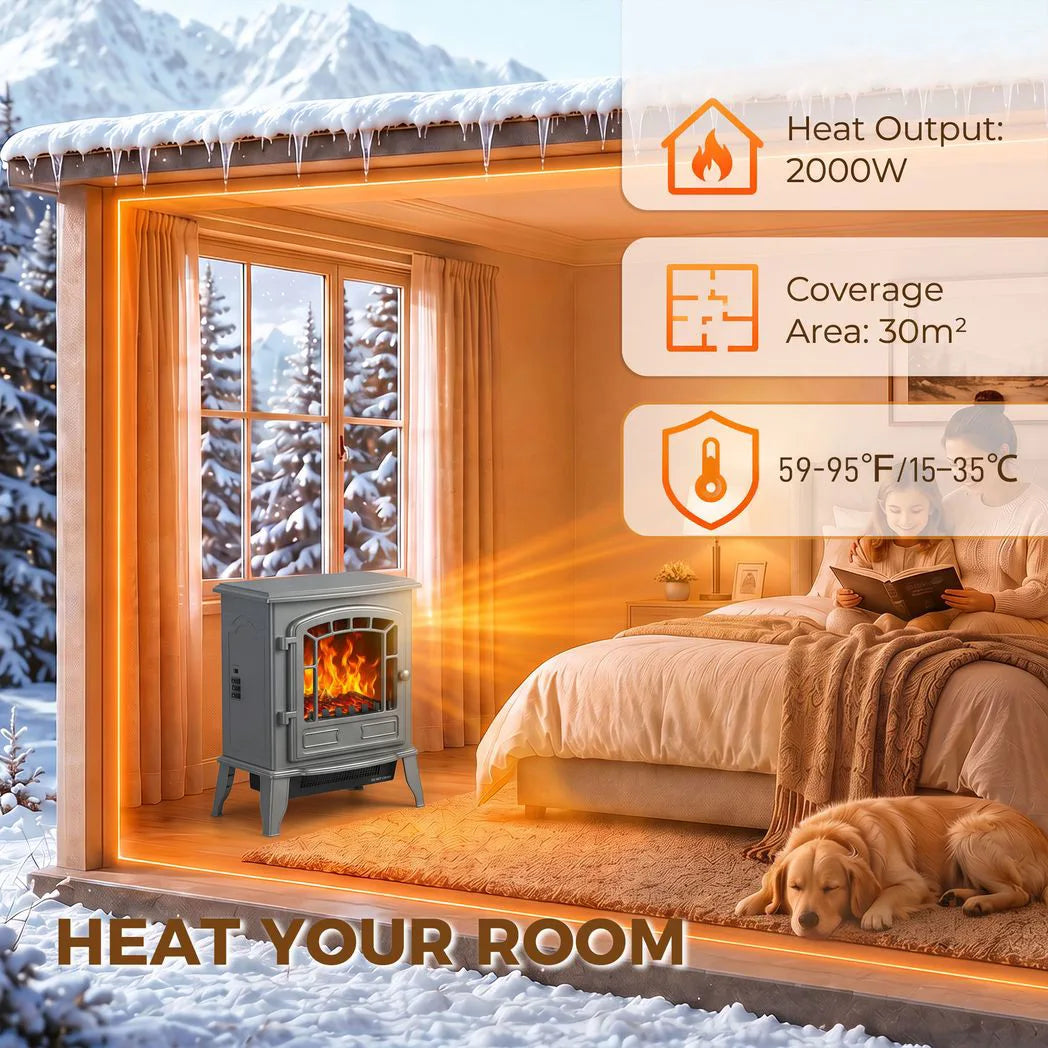 HOMCOM Electric Fireplace Stove, 1000W/2000W Freestanding Fire with LED Flame and Thermostat – Grey