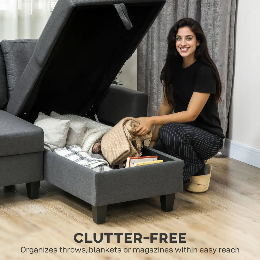 HOMCOM Three-Seater Storage Sofa Bed with Fold-Out Design and 110 cm Chaise Storage – Charcoal Grey