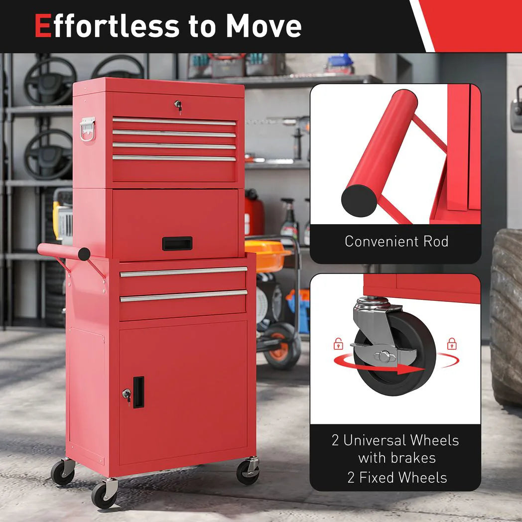 HOMCOM Three-Part Steel Locking Tool Chest with Wheels, 6 Drawers and Side Pegboard – Garage Storage, Red