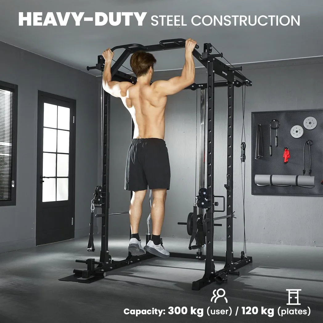 SPORTNOW Cable Crossover Machine with Lat Pull-Down, Pull-Up Station & Barbell Rack – Home Multi Gym
