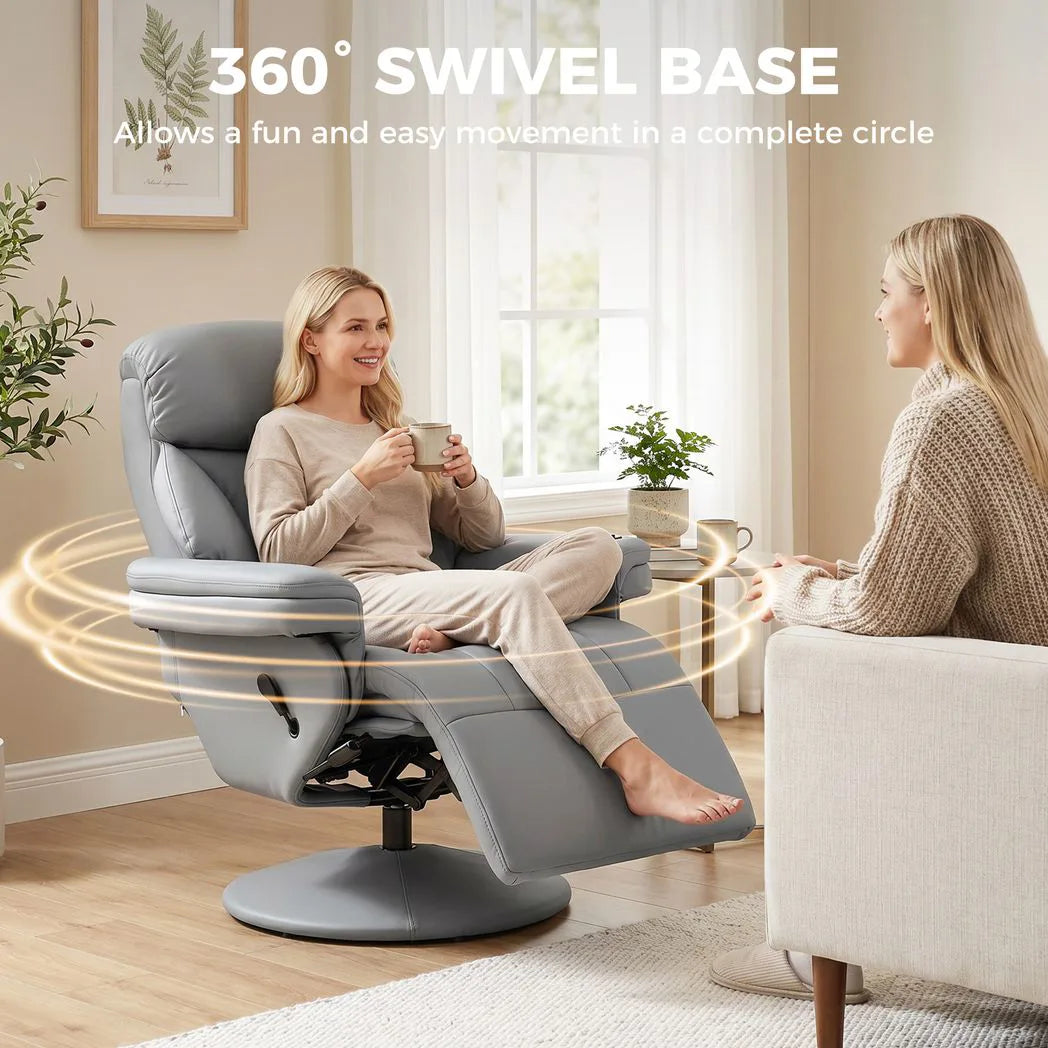 HOMCOM Manual Reclining Armchair with Footrest, Adjustable Backrest and 360° Swivel – Living Room Recliner, Grey